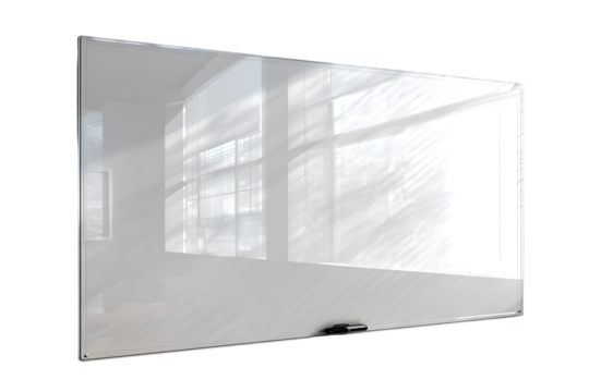Wall-Mounted Glass Whiteboard with Reflections and Soft Glow, Angled Office View, Isolated on Transparent Background - Powered by Adobe