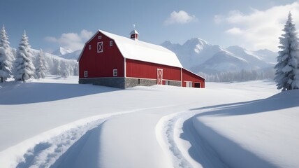 Red barn surrounded by snow in a peaceful winter landscape