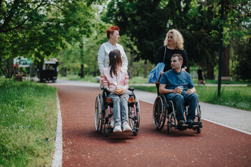 Fototapeta premium Candid scene of two wheelchair users in a lush park, accompanied by supportive companions, radiating warmth, encouragement, and camaraderie in an inclusive, serene environment.