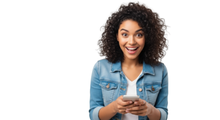 A excited woman holding smartphone and smiling. featuring woman, female, person. This image is ideal for use in various financial contexts.