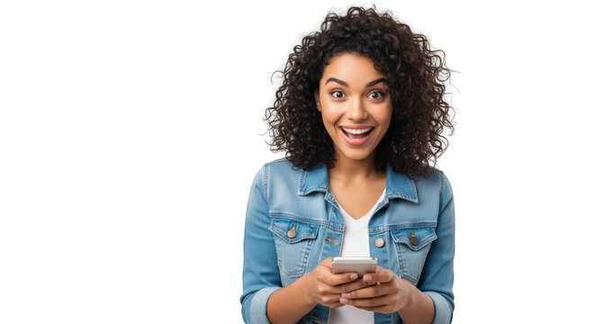 A excited woman holding smartphone and smiling. featuring woman, female, person. This image is ideal for use in various financial contexts.