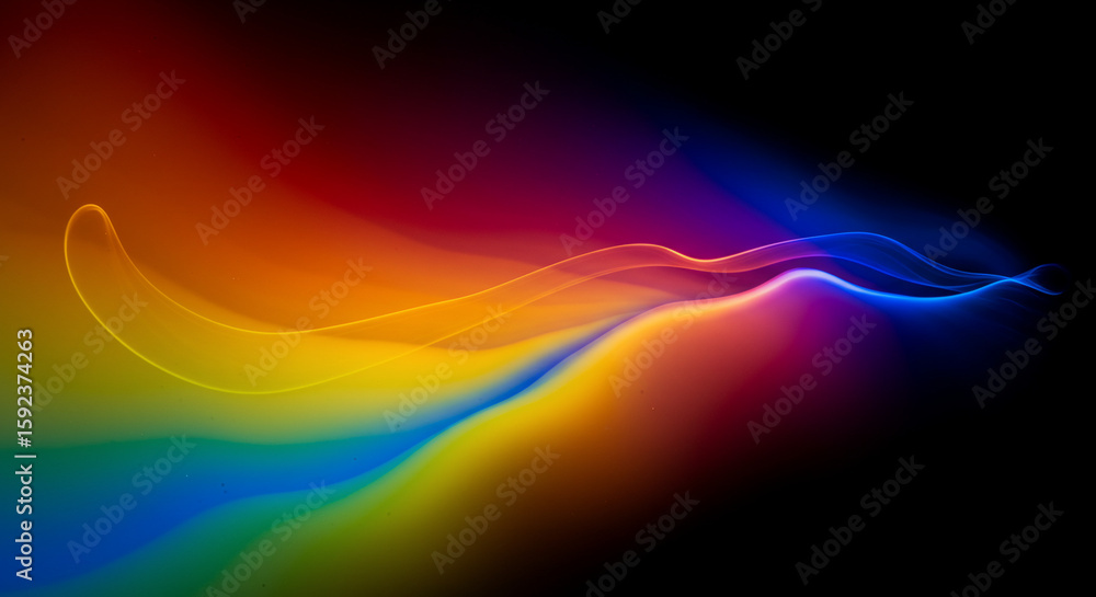 Poster Abstract colorful wave flowing across a dark background with vibrant light patterns and smooth gradients