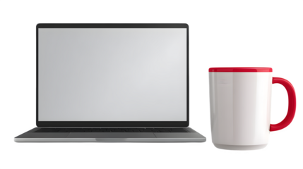 Laptop and coffee mug side by side, flat modern workspace, on isolated transparent background