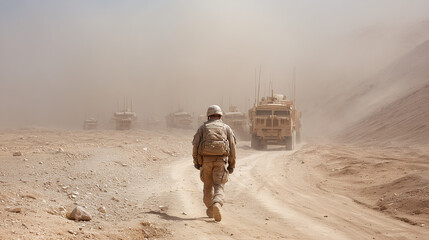Lone Soldier Walking Towards Military Convoy in Dusty Desert Landscape