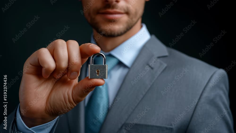 Poster secure business operations and financial data with professional padlock symbolizing trust, protectio