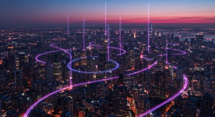 Aerial cityscape at dusk, illuminated by digital network lines. Skyscrapers connected with data streams, reflecting vibrant light