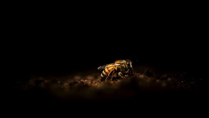 Fototapeta premium A Striking Glimpse A Honeybee Foraging on Ground A Study in Light and Shadow Reveals Nature's Intricate Beauty