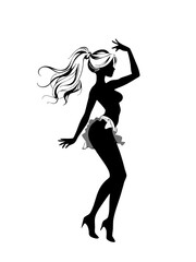 Silhouette of a woman dancing in high heels with long flowing hair  