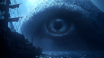 A colossal, ominous eye, looming over a sailing ship in a dark, misty sea