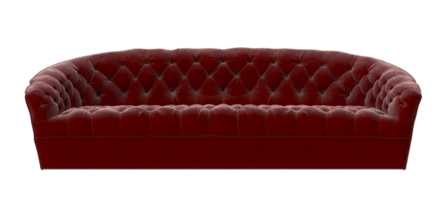 Luxury red velvet tufted chesterfield sofa, front view, 3D render isolated on transparent background.