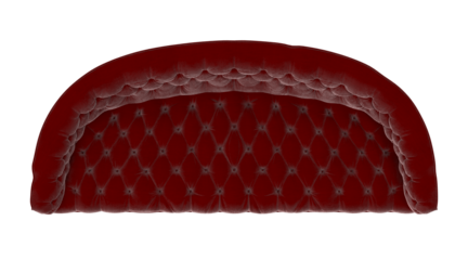 Curved red velvet tufted sofa top view, 3D render isolated on transparent background.