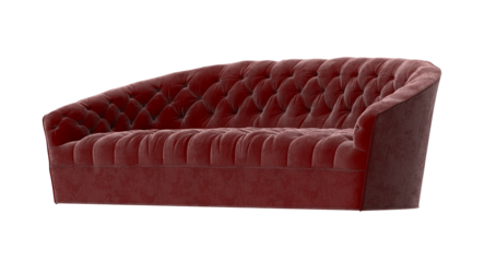 Luxury red velvet tufted sofa in perspective view, 3D render isolated on transparent background.