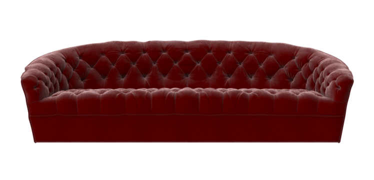 Luxury red velvet tufted chesterfield sofa, front view, 3D render isolated on transparent background.