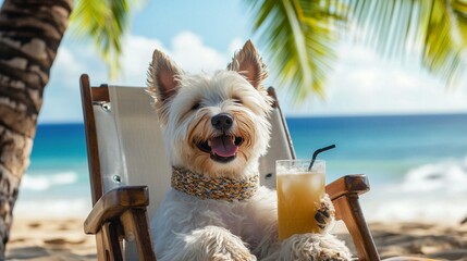 Adorable fluffy white dog enjoying a tropical beach vacation, sitting in a wooden chair with a refreshing cocktail, palm trees and ocean waves in the background creating a perfect relaxation scene