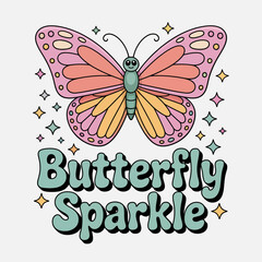 Butterfly sparkle sticker with purple butterfly, colorful sparkles, cheerful script, printable card, cute design