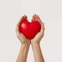 Realistic human hands gently holding red heart, raised arms with heart