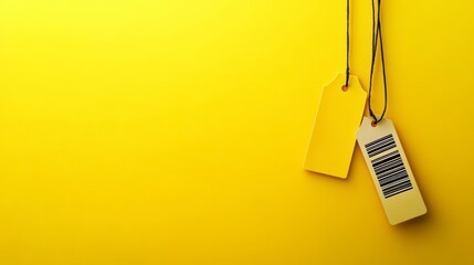 Two blank yellow tags hanging on strings against a yellow background, one with a barcode.