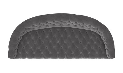 Curved gray velvet tufted sofa top view, 3D render isolated on transparent background.
