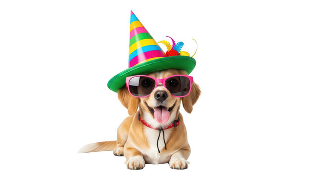 A happy dog wearing sunglasses and hat. featuring dog, puppy, pet. This image is ideal for use in various financial contexts.