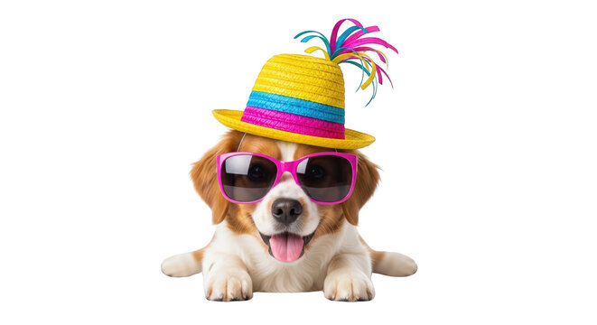 A happy dog wearing sunglasses and hat 1. featuring dog, puppy, pet. This image is ideal for use in various financial contexts.