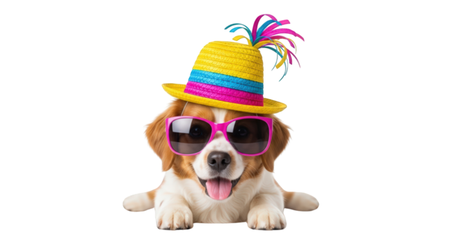 A happy dog wearing sunglasses and hat 1. featuring dog, puppy, pet. This image is ideal for use in various financial contexts.