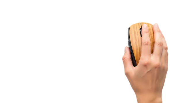 hand with computer mouse, wooden mouse, transparent background