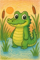 Fototapeta premium Baby alligator standing playfully in swampy waters, illuminated by golden sunset hues, rendered through whimsical colored pencil illustration