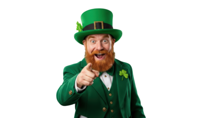 A happy leprechaun pointing at the viewer. featuring leprechaun, St Patricks Day, Irish. This image is ideal for use in various financial contexts.
