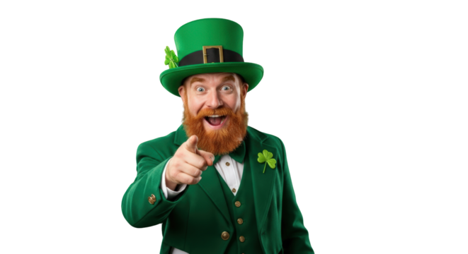 A happy leprechaun pointing at the viewer. featuring leprechaun, St Patricks Day, Irish. This image is ideal for use in various financial contexts.