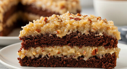 A slice of german chocolate cake with coconut pecan frosting on a white plate close up view