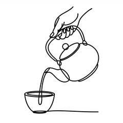 Continuous line drawing of hand pouring tea into a cup