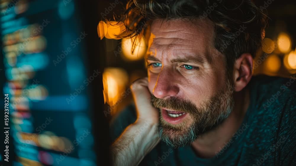 Poster focused individual engaged in data analysis on computer screen, enveloped by warm ambient lighting, 