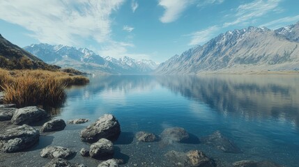 Serene lake reflecting majestic mountains.