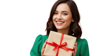 A happy woman holding gift box. featuring gift, present, woman. This image is ideal for use in various financial contexts.