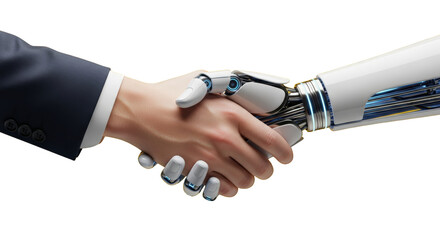 A human and robot handshake concept. featuring handshake, robot, human. This image is ideal for use in various financial contexts.