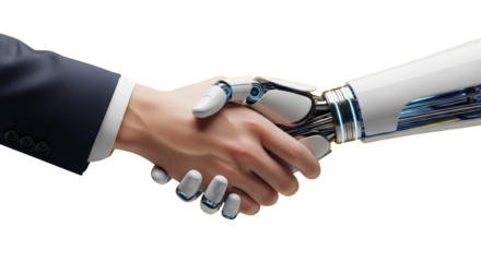 A human and robot handshake concept. featuring handshake, robot, human. This image is ideal for use in various financial contexts.