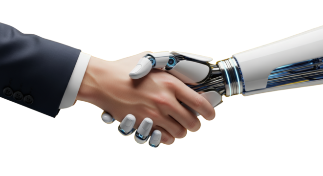 A human and robot handshake concept. featuring handshake, robot, human. This image is ideal for use in various financial contexts.