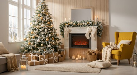 Festive interior with decorated Christmas tree and fireplace