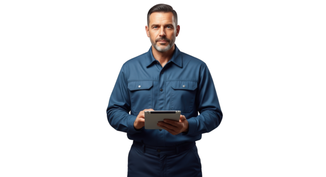 A man holding tablet looking directly. featuring man, portrait, tablet. This image is ideal for use in various financial contexts.