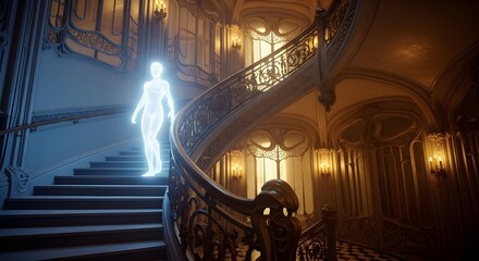 Glowing Figure Ascends Staircase with a human shadow