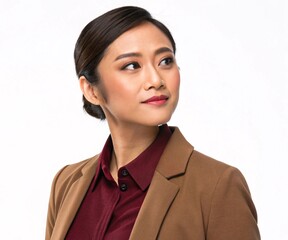 Portrait of a Young Professional Woman in a Brown Blazer and Maroon Shirt Looking to the Side with a Confident Expression