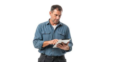 A man using tablet on white. featuring man, tablet, technology. This image is ideal for use in various financial contexts.