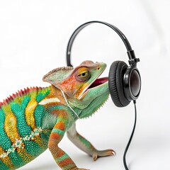 Colorful lizard wearing headphones enjoying music on a white background for fun 