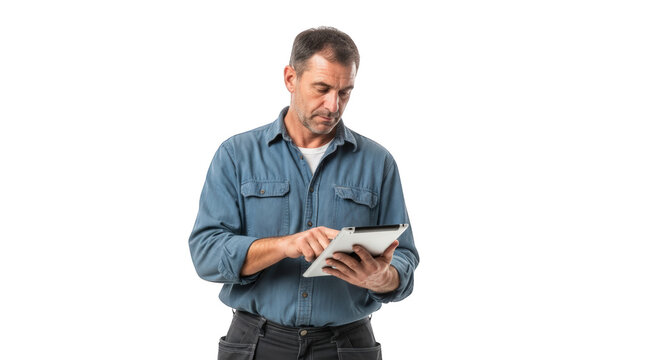 A man using tablet on white. featuring man, tablet, technology. This image is ideal for use in various financial contexts.