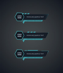A set of three sleek, flat‑design lower third templates. Each features a teal‑accented hexagon logo placeholder