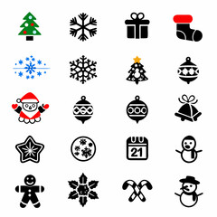 Christmas Symbols in Black Silhouette Vector Style