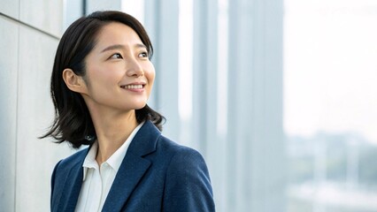 Confident Asian Woman in Business Suit Looking Up with a Smile Near Office Windows