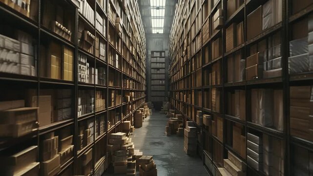The aisle of a overfilled warehouse that goes on forever, Generative AI Videos.