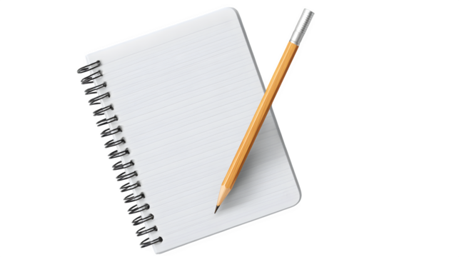 Minimal notepad with pencil placed diagonally, sketchpad style, on isolated transparent background