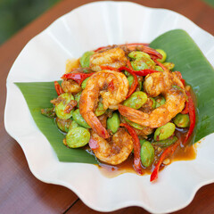 Stir-fried Stink Beans with Fresh Shrimp, a southern dish with a strong flavor and the aroma of...
